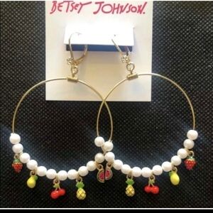 Betsey Johnson Gold✨️ Hoop Earrings with White Pearls & Colorful Fruit Charms🍓